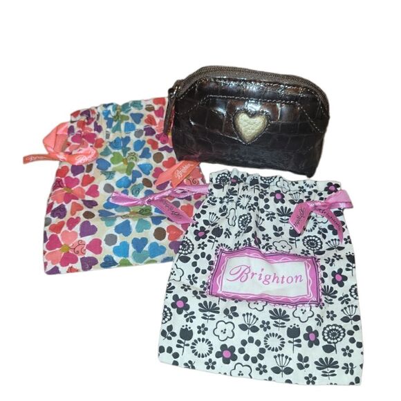 BRIGHTON Brown Patent CrocEmbossed Coin Purse Zipper Pouch 2 Dust Bags Bundle - Picture 1 of 14